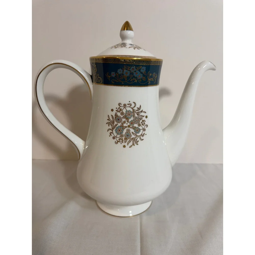 Wedgwood Agincourt R4513 Coffee Pot Bone China Teal Blue Gold Floral England